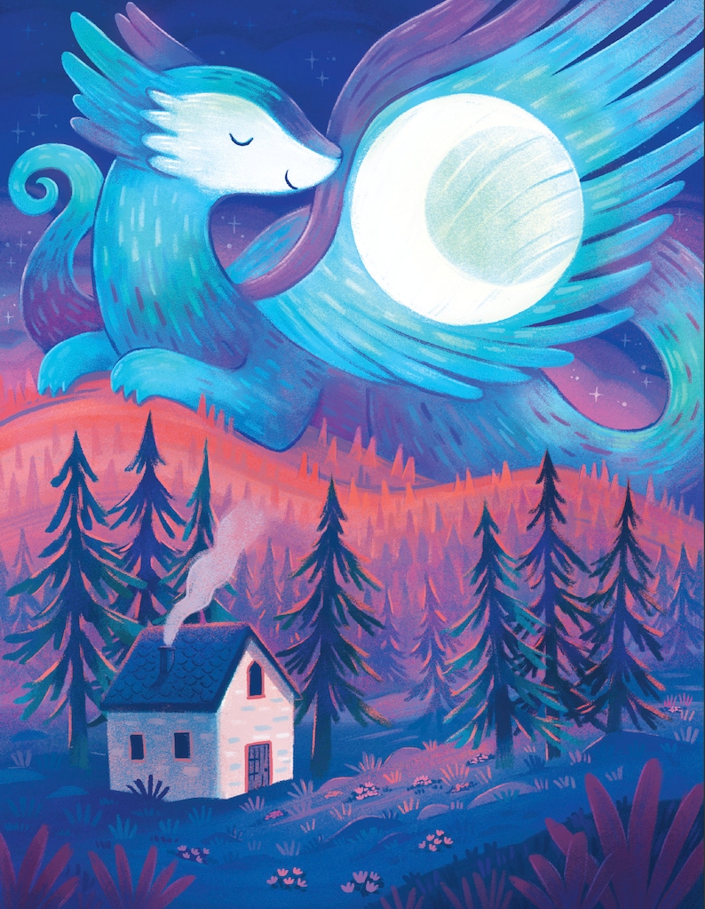 Sun and Moon Dragon Art Print Set: Illustrated art, dragon art, cabin art, kids room art, art print, magical art, fantasy, mythical, night image 2