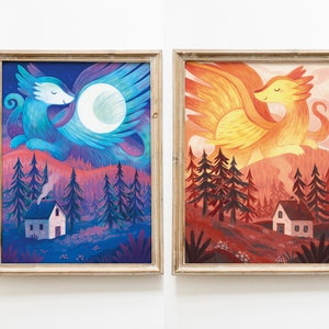 Sun and Moon Dragon Art Print Set: Illustrated art, dragon art, cabin art, kids room art, art print, magical art, fantasy, mythical, night image 1