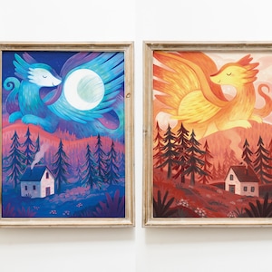 Conjunto de impresiones artísticas de dragón de sol y luna: arte ilustrado, arte de dragón, arte de cabaña, arte de habitación de niños, impresión artística, arte mágico, fantasía, mítico, noche