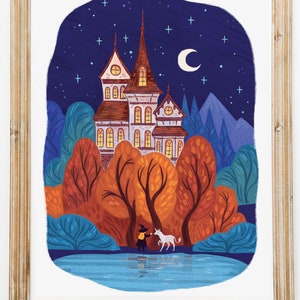 Witch's castle art print, fantastical illustration, magic, unicorn, kids room, art print, art print, 8.5 by 11, fine art, illustrated art image 3