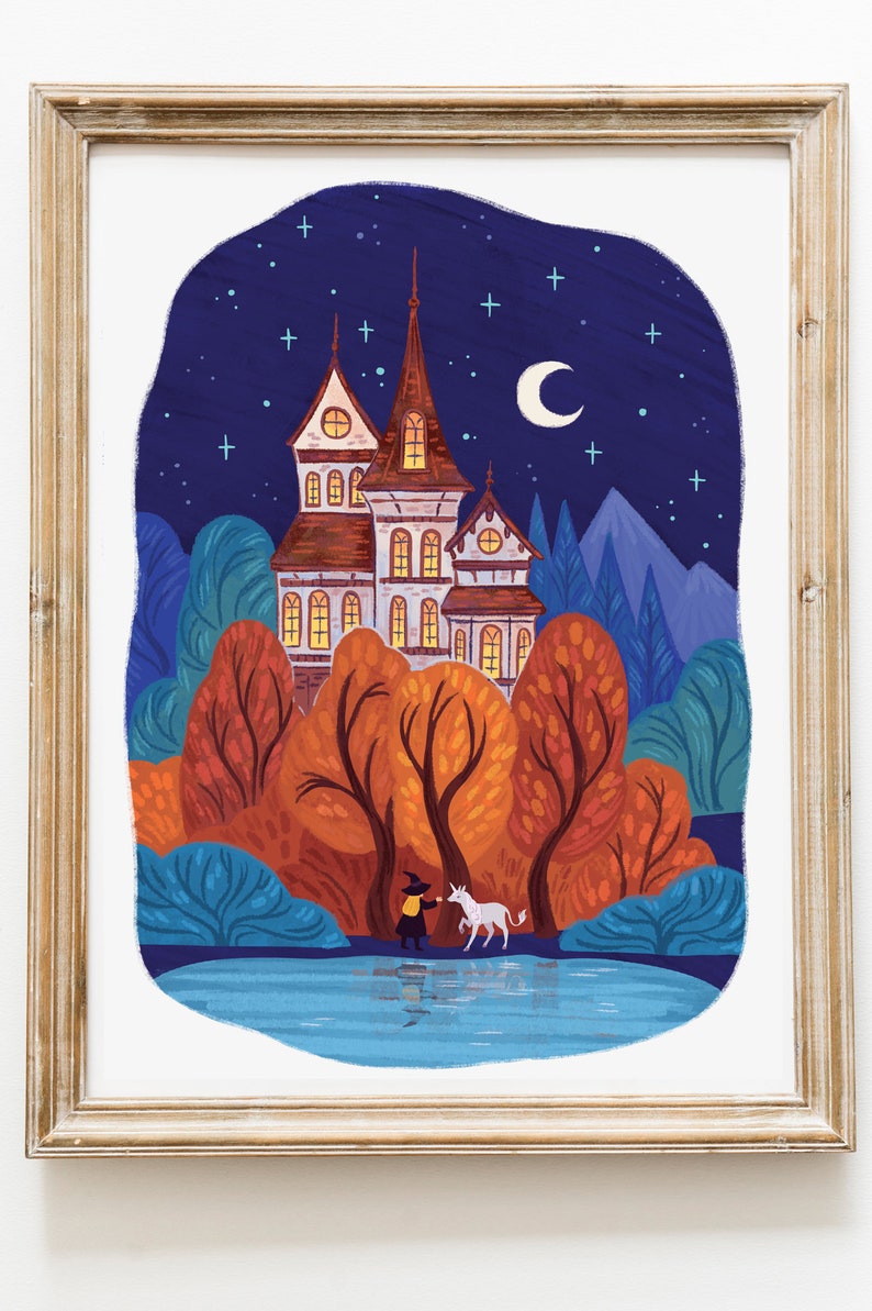 Witch's castle art print, fantastical illustration, magic, unicorn, kids room, art print, art print, 8.5 by 11, fine art, illustrated art image 3