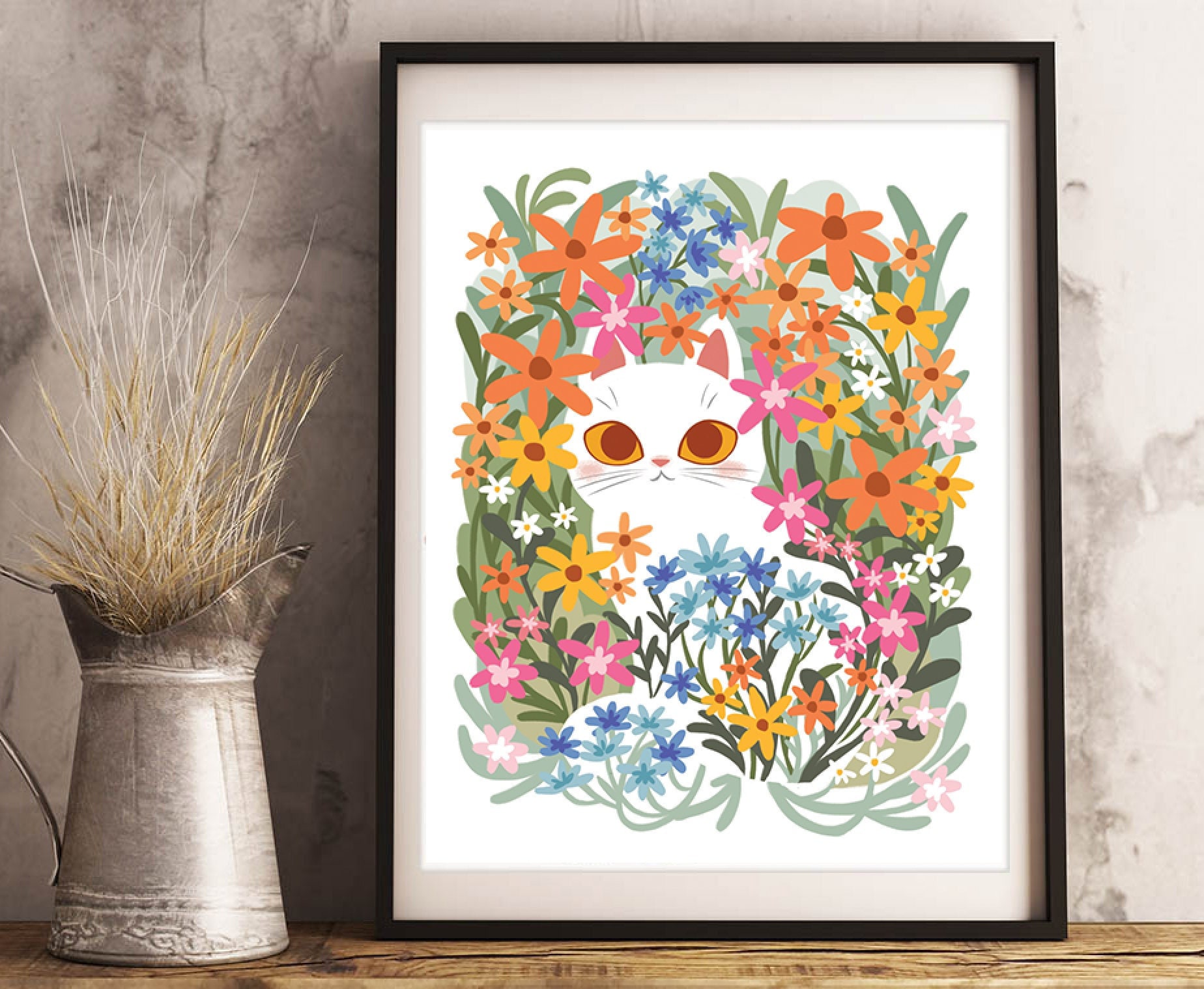 White Cat in Colourful Flowers Illustration Print 8by10, 8.5