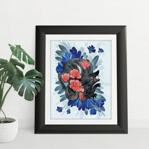 Lotus Wolf illustration print: 8 by 10, 8.5 by 11 illustrated art print, illustrated art, animal, decor, wall art, flowers, pink, blue image 4