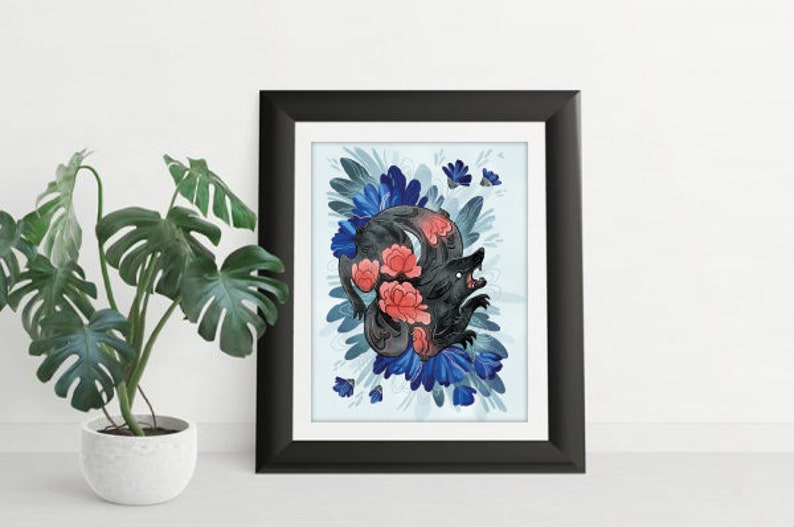 Lotus Wolf illustration print: 8 by 10, 8.5 by 11 illustrated art print, illustrated art, animal, decor, wall art, flowers, pink, blue image 4