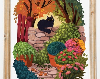 Cat In the Garden Print 8by10, 8.5 by 11, wall art, illustration, cat art, Home Decor, Cat artwork, art prints, plants, garden, flowers boho