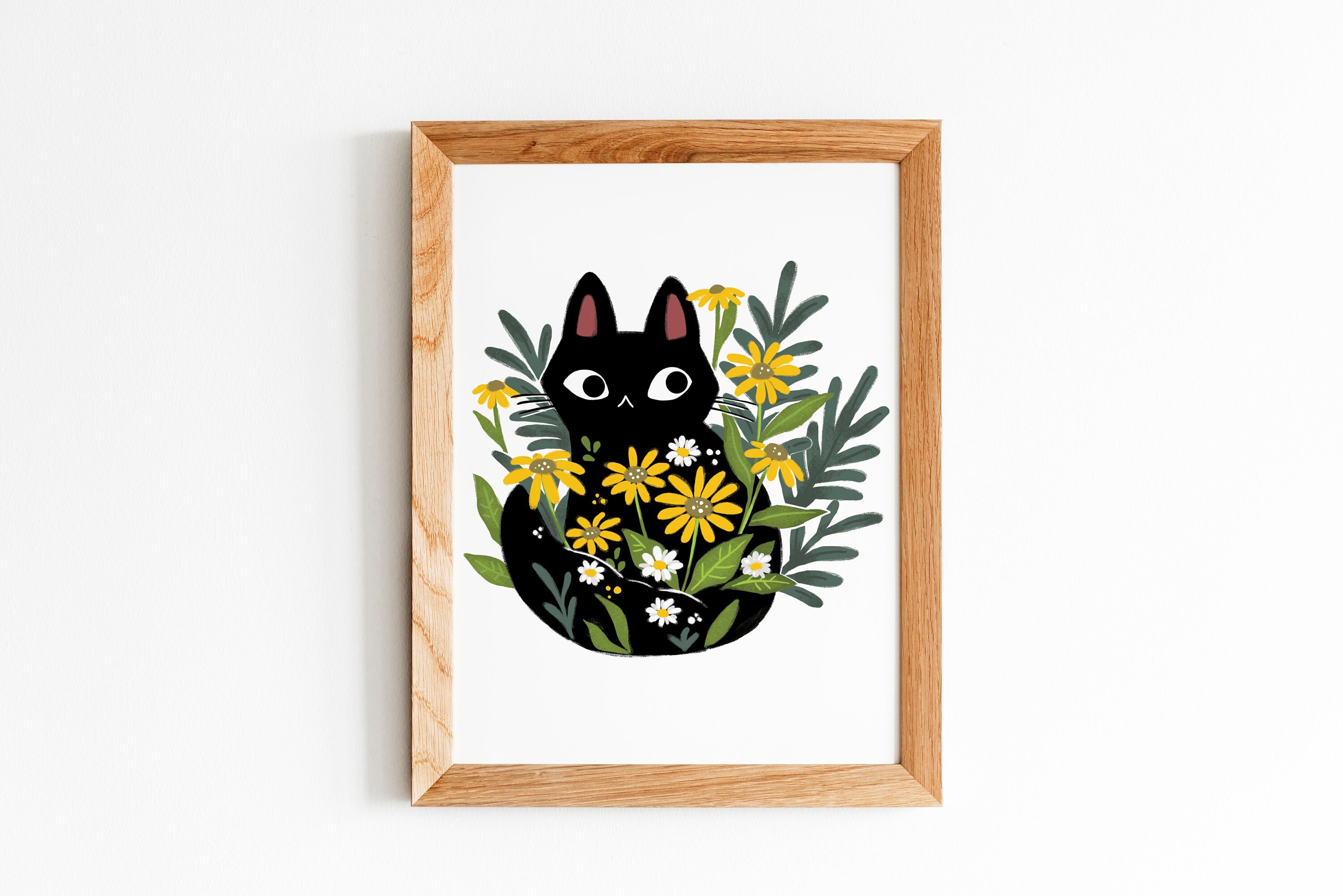 猫の絵　花 バラの花の中の灰色の猫のイラストプリント、8×10、8.5×11、壁