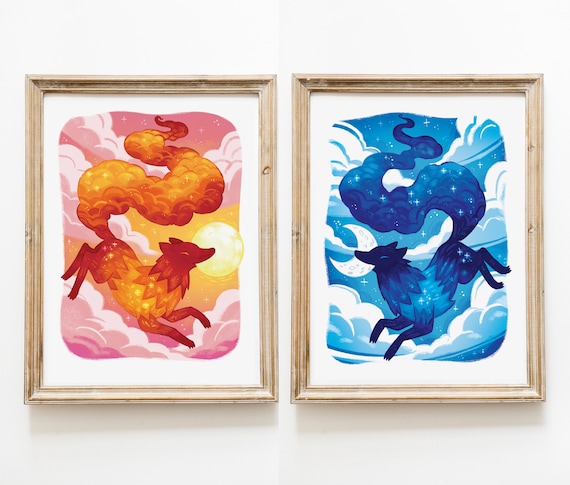 Sun and Moon Wolf Prints, Illustrated Artwork, Wall Art ...