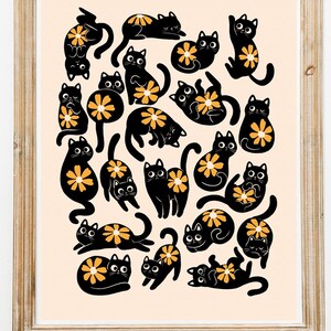 Boho Botanical Black Cats and flowers art Print, Cat Poses art print, Wall Art, Cat Lover Gift, Home Decor, Soft Colors, vintage art