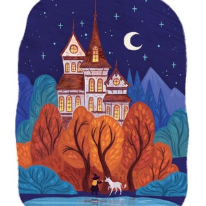 Witch's castle art print, fantastical illustration, magic, unicorn, kids room, art print, art print, 8.5 by 11, fine art, illustrated art image 2