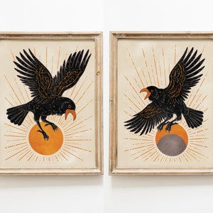 Raven / Crow Eclipse SET, Sun and Moon, boho animal art, boho bird, bird artwork, illustration, decor, art print modern art, celestial, sky,