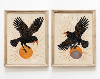 Raven / Crow Eclipse SET, Sun and Moon, boho animal art, boho bird, bird artwork, illustration, decor, art print modern art, celestial, sky,
