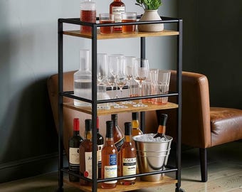 3 Tier Rolling Bar Cart: Rustic Industrial Serving Trolley with Lockable Wheels