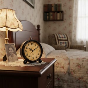 May include: A vintage-style bedroom scene featuring a black alarm clock with a cream-colored face, set on a dark wooden nightstand. A framed photograph and a floral-patterned lamp are also on the nightstand. The bed has a floral quilt, and the walls are covered in a floral wallpaper.