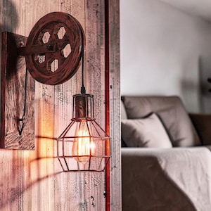 Industrial Wall Sconce Pulley Light Vintage Rustic Wall Lamp Loft Lighting Fixture Farmhouse Bedroom Bar Man Cave Lighting