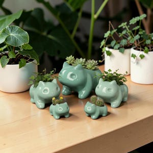 May include: A collection of light green ceramic planters shaped like a cartoon character. Each planter holds small plants, including succulents and cacti. The planters are arranged on a wooden surface, with other potted plants in the background.