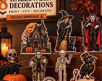 8 decoraciones de Halloween imprimibles, decoración vintage de Halloween, bruja, vampiro, esqueleto, Frankenstein, decoración para fiestas de Halloween, PDF