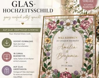 DIY Glass Wedding Sign Template, Editable Canva Template, Faux Glass Painting, DIY Wedding Sign, Instant Download, 16x20