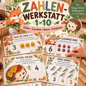 Könnte beinhalten: Ein Lernkartenset mit dem Titel ZAHLEN-WERKSTATT 1-10, verziert mit Illustrationen von Füchsen, Igeln und Naturmotiven. Die Karten enthalten Aufgaben zum Zählen, Zuordnen und Zahlenlegen mit Holzwäscheklammern und kleinen Gegenständen.