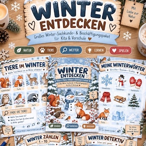 Pode incluir: Um conjunto de folhas de atividades educativas com tema de inverno para crianças, com ilustrações de animais, bonecos de neve e natureza. As páginas incluem títulos como Winter Entdecken, Tiere im Winter, Meine Winterwörter, Winter Zählen 1-10 e Winter-Detektiv.