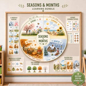 Könnte beinhalten: Ein Seasons & Months Lernset für die Wand mit einem großen kreisförmigen Diagramm, das in vier saisonale Quadranten unterteilt ist, 12 Monatsplakaten, 4 Bonus-Lernplakaten, Wetter- und Kleidungskarten sowie Grafiken zum Baum-Jahreszyklus.
