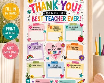 Teacher Appreciation Printable Gift, End of School Year Teacher Thank You Card, Kids Fill In Worksheet, Preschool Teacher Gift PDF