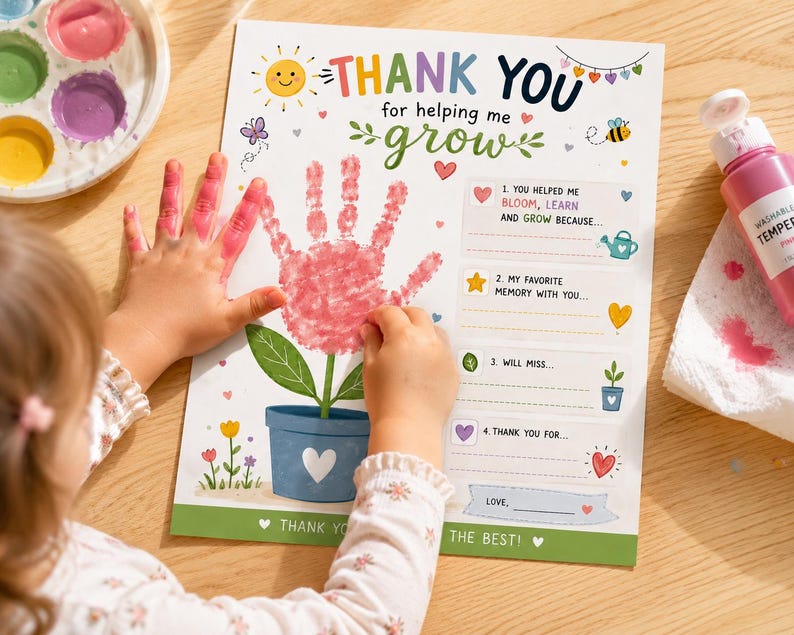 May include: A child's handprint art project on a wooden table. The print is a pink handprint over a flower illustration in a blue pot. The card reads "THANK YOU for helping me grow" with fill-in-the-blank prompts.