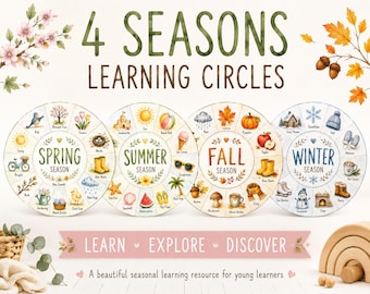 Círculos de aprendizaje de las 4 estaciones imprimibles, vocabulario estacional para preescolar, decoración para el aula de primavera, verano, otoño e invierno, PDF tamaño carta estadounidense
