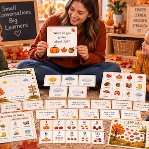 Könnte beinhalten: Ein pädagogisches Set aus Lernkarten und Aktivitätstafeln zum Thema Herbst mit Illustrationen von Kürbissen, Blättern und Eicheln. Die Karten enthalten Textaufforderungen wie What do you like about fall, Wettertabellen, Zahlen von eins bis zehn und ein I Spy-Spiel.