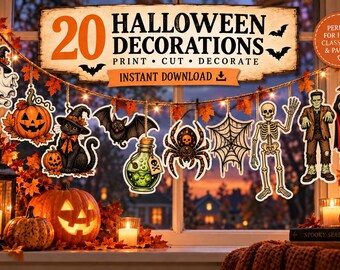 ハロウィンの飾り付けプリント、ハロウィンの切り抜きテンプレート20種類、ハロウィンパーティーの装飾、ドアや窓の装飾、ハロウィンのガーランド