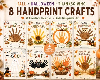 Paquete de manualidades de otoño con huellas de manos, arte con huellas de manos para Halloween y Acción de Gracias, 8 manualidades imprimibles para niños, recuerdo de otoño, desarrollo de actividades preescolares