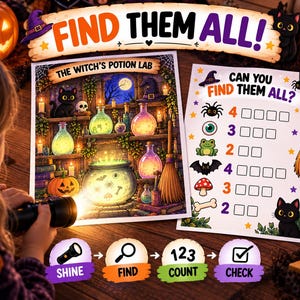 Könnte beinhalten: Ein Halloween-Suchspiel-Set bestehend aus einem Poster mit dem Titel The Witch's Potion Lab mit leuchtenden Zaubertränken, einem Kessel und einer schwarzen Katze sowie einer Checkliste mit Symbolen zum Suchen, Zählen und Abhaken.