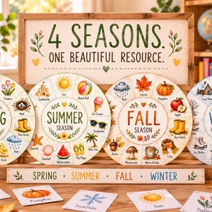 Könnte beinhalten: Vier kreisförmige hölzerne Lernplaketten für Frühling, Sommer, Herbst und Winter, jeweils mit saisonalen Illustrationen und Beschriftungen. Ein rechteckiges Schild darüber trägt die Aufschrift 4 SEASONS. ONE BEAUTIFUL RESOURCE. mit Sockel.
