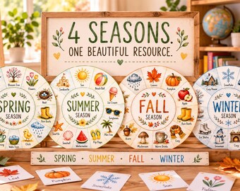 4 Seasons Learning Circles Printable, Preschool Seasonal Vocabulary, Spring Summer Fall Winter Classroom Decor, US Letter PDF