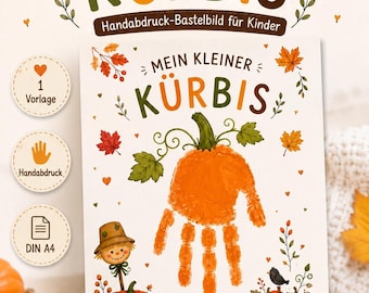 Manualidad de calabaza con huellas de manos para niños | Manualidades de otoño para guarderías y jardines de infancia | Plantilla de huellas de manos | Manualidades de Halloween | PDF DIN A4