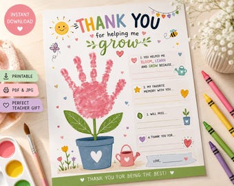 Preschool Teacher Appreciation Gift Printable, Thank You For Helping Me Grow Handprint Craft, Daycare Teacher Gift, End Of Year Keepsake PDF