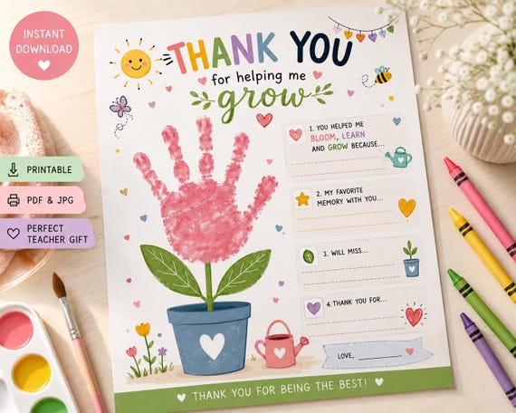 Preschool Teacher Appreciation Gift Printable, Thank You For Helping Me Grow Handprint Craft, Daycare Teacher Gift, End Of Year Keepsake PDF