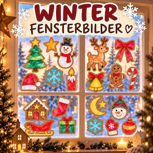 Könnte beinhalten: Eine Sammlung bunter Weihnachts-Fensterbilder mit Motiven wie Schneemann, Rentier, Lebkuchenmann, Weihnachtsbaum, Zuckerstange, Glocke, Socke, Geschenk, Schlitten, Haus, Schneeflocke, Mond, Handschuh, Kugel, Weihnachtsmütze und dem Text WINTER FENSTERBILDER.