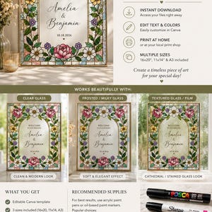 May include: A faux stained glass wedding sign template with floral detailing. The sign reads "Welcome to our wedding" with the names Amelia & Benjamin and the date 10.18.2026. Includes multiple sizes, and is customisable.