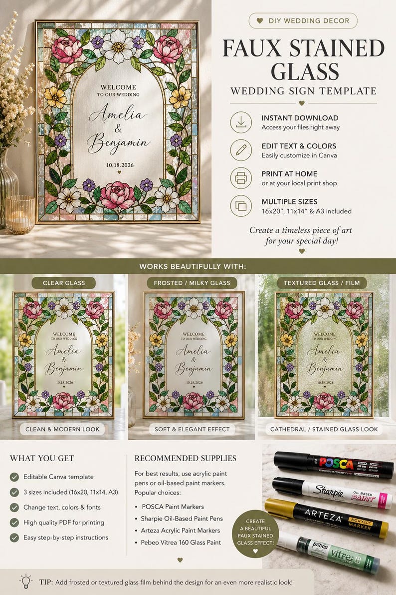 May include: A faux stained glass wedding sign template with floral detailing. The sign reads "Welcome to our wedding" with the names Amelia & Benjamin and the date 10.18.2026. Includes multiple sizes, and is customisable.