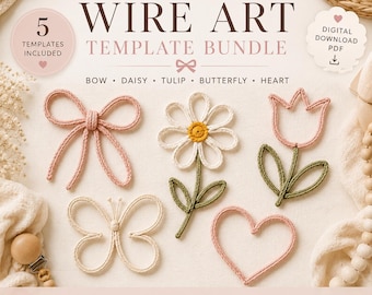 Plantillas de arte con alambre Coquette Bundle, plantillas imprimibles de manualidades con alambre en PDF, lazo, margarita, tulipán, mariposa, corazón, manualidades con alambre para principiantes