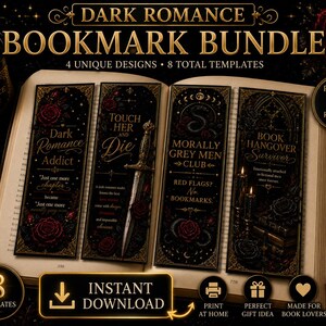 Könnte beinhalten: Ein Set aus vier rechteckigen Lesezeichen mit schwarzem Hintergrund, goldenen verzierten Rändern und roten Rosenakzenten. Der Text umfasst Dark Romance Addict, Touch Her And Die, Morally Grey Men Club und Book Hangover Survivor, auf einem offenen Buch.