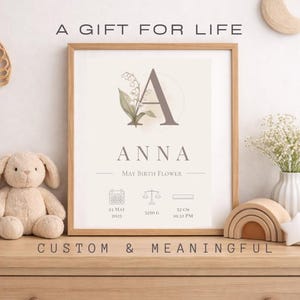 Könnte beinhalten: Ein personalisierter gerahmter Druck mit dem Namen "ANNA" und Geburtsdetails, mit floralem Design. Der Druck wird auf einer Holzoberfläche mit einem Stoffhasen, einer Blumenvase und Holzdekorationen präsentiert. Der Text lautet "A GIFT FOR LIFE" und "CUSTOM & MEANINGFUL".