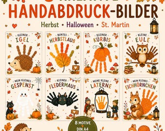Dibujos de huellas de manos para niños en otoño | 8 plantillas de huellas de manos | Manualidades para guarderías, jardines de infancia y preescolares | Otoño, Halloween, Día de San Martín (PDF)