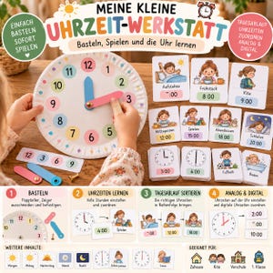 Puede incluir: Un kit de aprendizaje de relojes titulado MEINE KLEINE UHRZEIT-WERKSTATT que incluye una esfera de reloj de plato de papel con números coloridos, manecillas azul y rosa, y tarjetas ilustradas con rutinas diarias y horas.