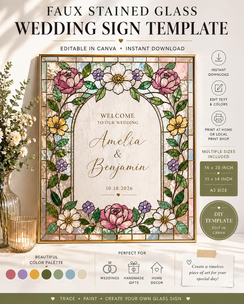 May include: Faux stained glass wedding sign template with floral design. The sign includes the text "Welcome to our wedding" and the names Amelia & Benjamin, with the date 10.18.2026. The sign is available in multiple sizes, including 40.6 x 50.8 cm and 27.9 x 35.6 cm.