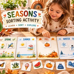 Könnte beinhalten: Ein Jahreszeiten-Sortierspiel mit vier rechteckigen Karten, beschriftet mit Spring, Summer, Fall und Winter. Das Set enthält 40 Bildkarten, die saisonale Motive wie Kürbisse, Schneeflocken, Blumen und Strandzubehör für pädagogische Zwecke darstellen.