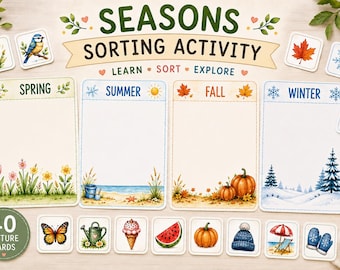 Actividad de clasificación de las cuatro estaciones | Tapetes de clasificación de las estaciones | Material imprimible para preescolar | Actividad de aprendizaje para la educación en casa | Primavera Verano Otoño Invierno