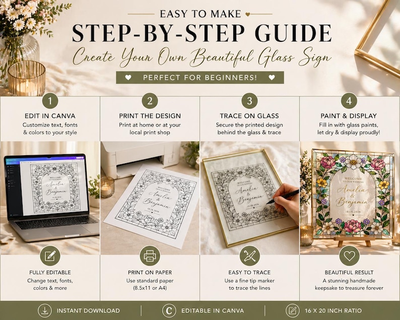 May include: A guide to creating a glass sign, with steps for editing in Canva, printing, tracing, and painting. The final product is a 40.6 x 50.8 cm handmade keepsake. The guide is perfect for beginners.