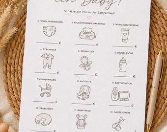 Juego para baby shower: ¿Cuánto cuesta un bebé? | Juego para baby shower (alemán) | Juego para adivinar el precio de un bebé | Juego para baby shower imprimible | PDF imprimible