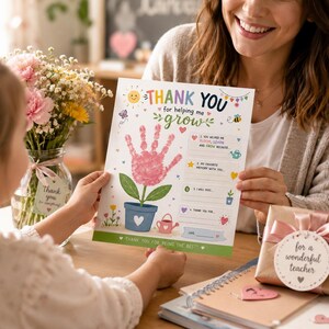 May include: A colorful "Thank You" card with a handprint flower design, held by a child and an adult. The card features the text "Thank You for helping me grow" and is decorated with flowers, a watering can, and a bee. A gift box with a tag that says "for a wonderful teacher" is also visible.